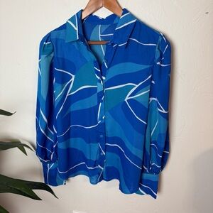 Blue Abstract Print Button-Down Blouse | Size Medium